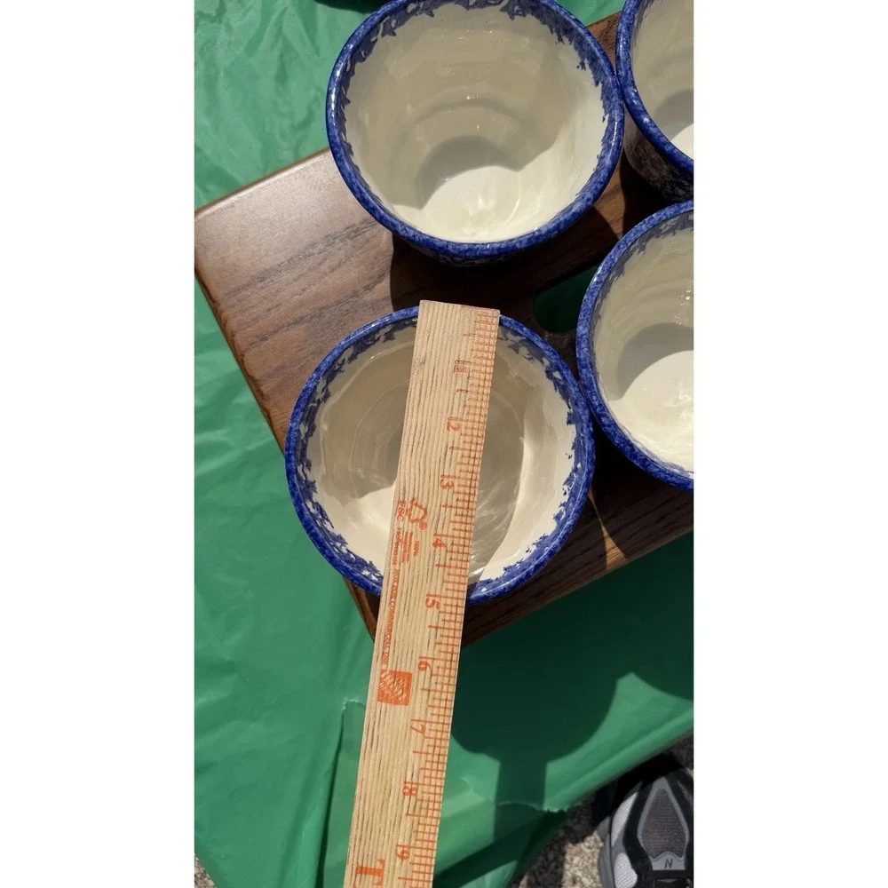 Set of 4 Blue Spongeware Farm Animal Bowls Rustic Pottery Cups‎